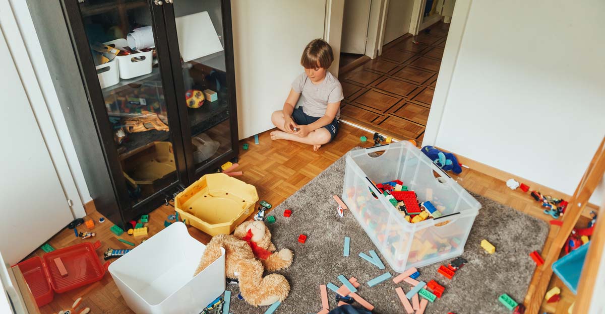 child sitting in clutter