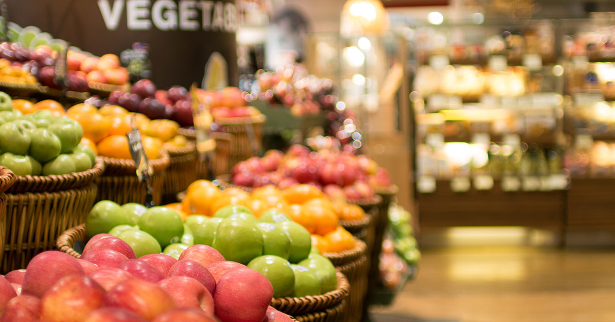 baskets of produce at a grocery store