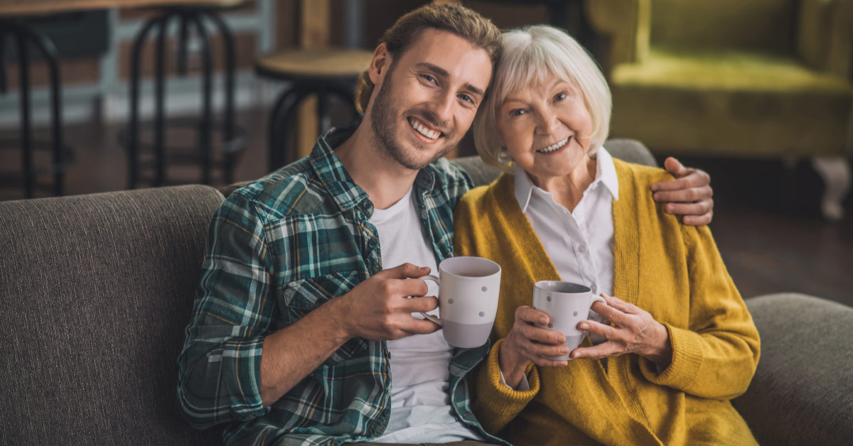 mother and son enjoying coffee together