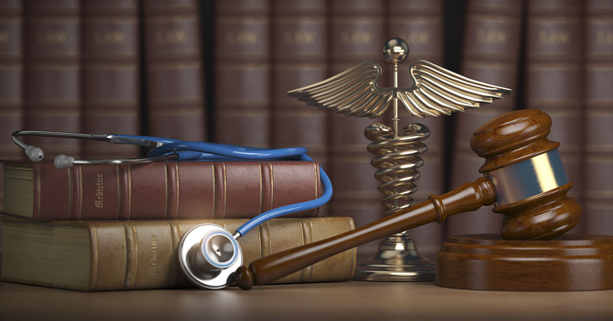 Gavel, stethoscope and caduceus sign on books background. Mediicine laws and legal, medical jurisprudence. 3d illustration