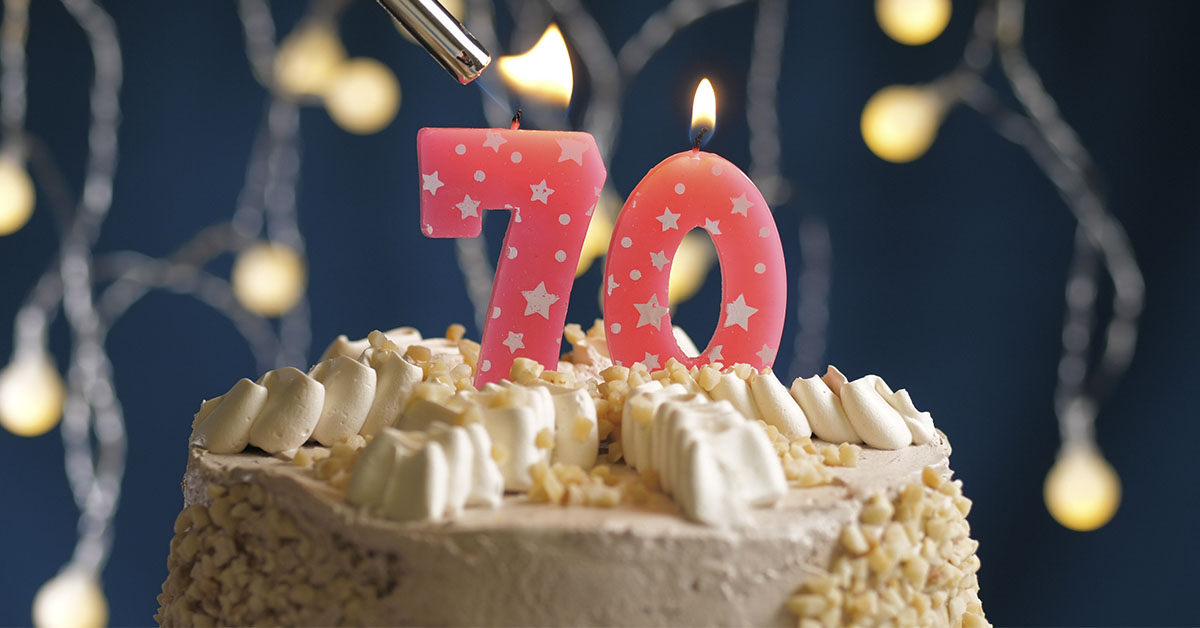 Birthday cake with "70" Candle
