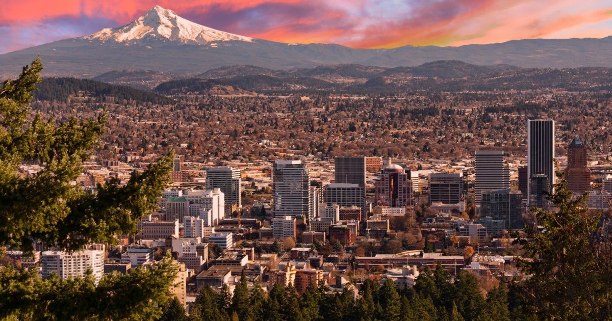 Sunrise View of Portland, Oregon from Pittock Mansion.