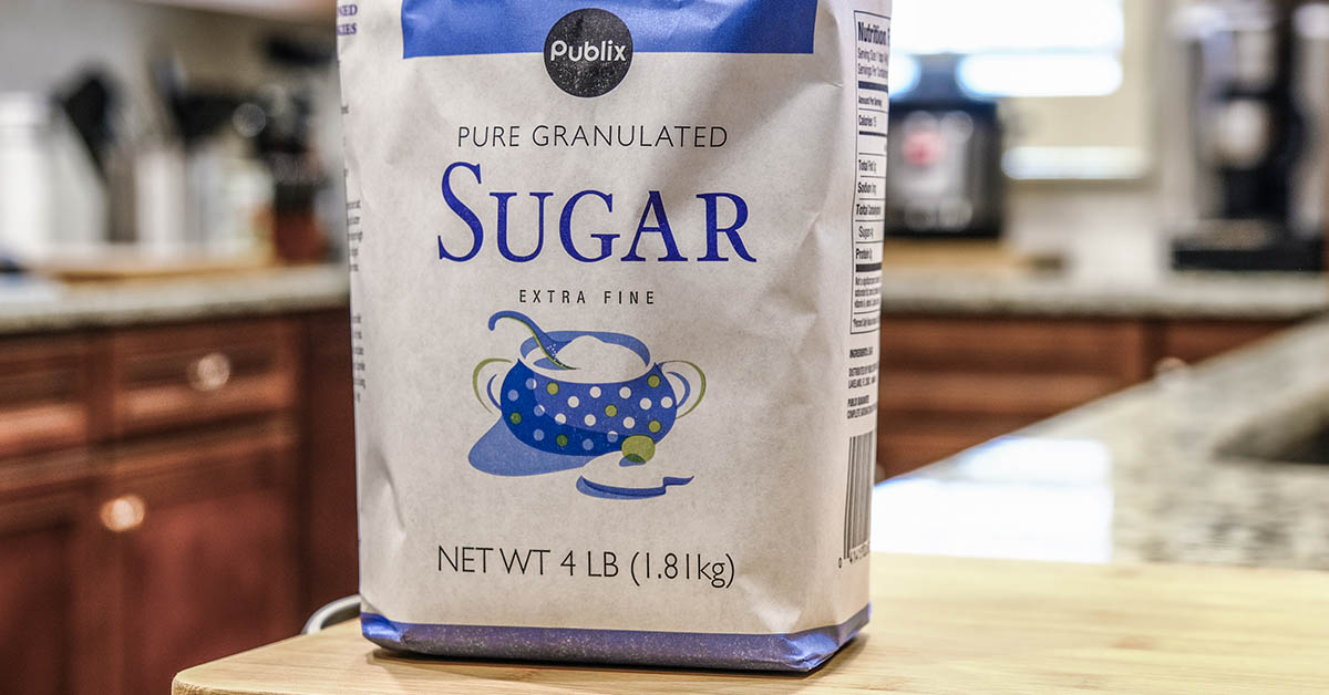 Bag of Publix brand sugar on countertop