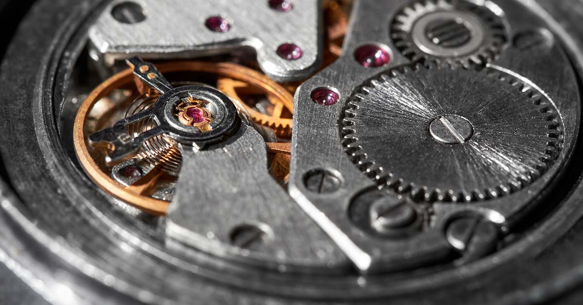 close up of internal mechanism in a watch