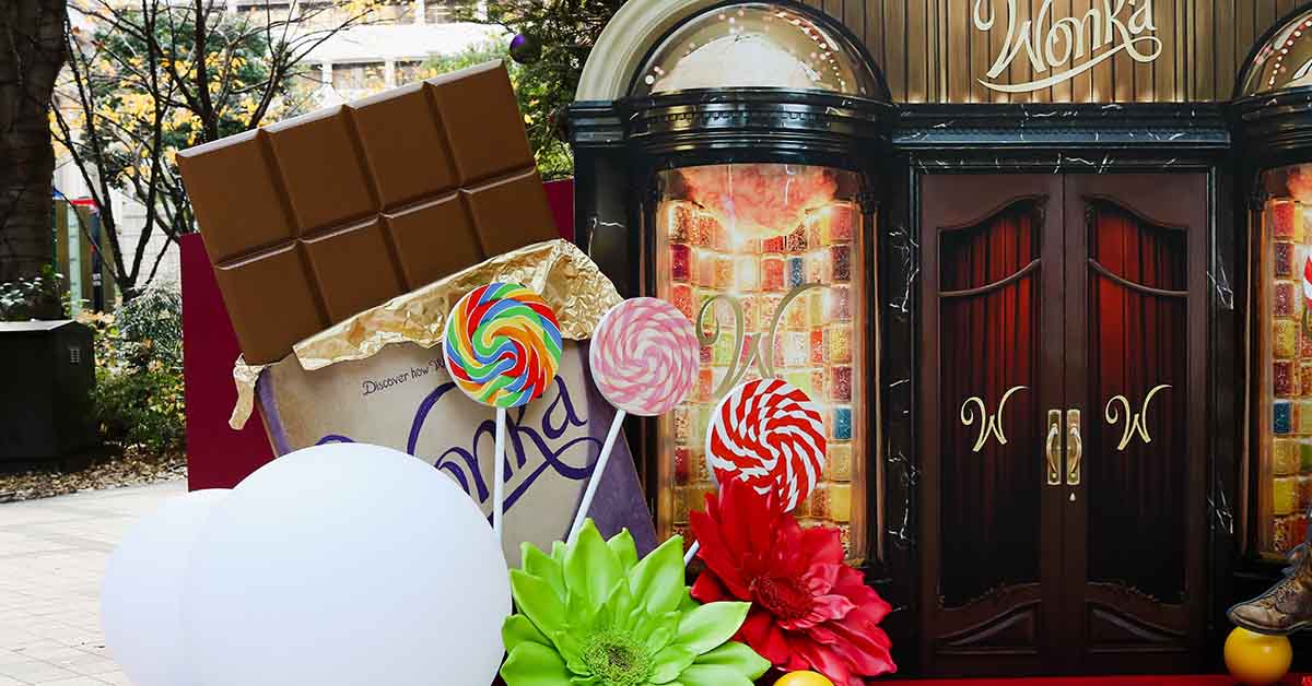 Detail of a Wonka-themed Christmas tree in Tokyo's Nihonbashi Muromachi area.