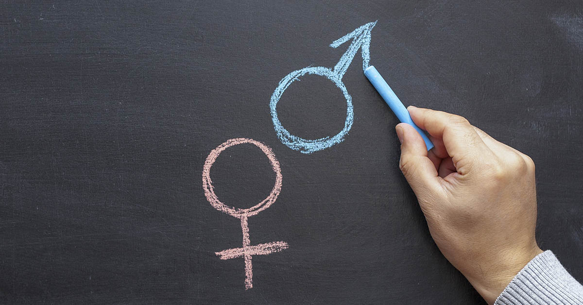 male and female symbols drawn on chalk board in pink and blue