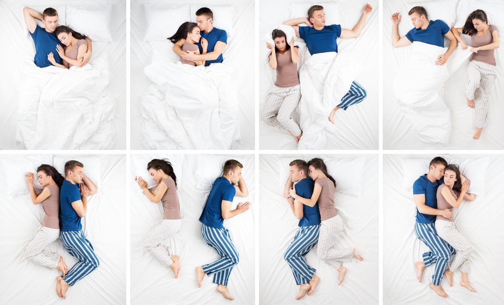 Photo collage of sleeping young couple in big white bed. Eight different emotional sleep positions. Couple hugging each other, sleeping back to back