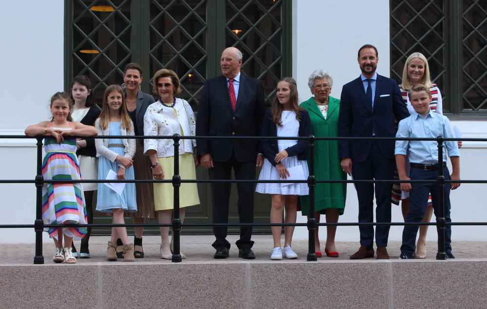 Oslo, Norway - 07/04/2017: The Norwegian royal family in front of the Queen Sonja's art stable on the Queen's birthday.