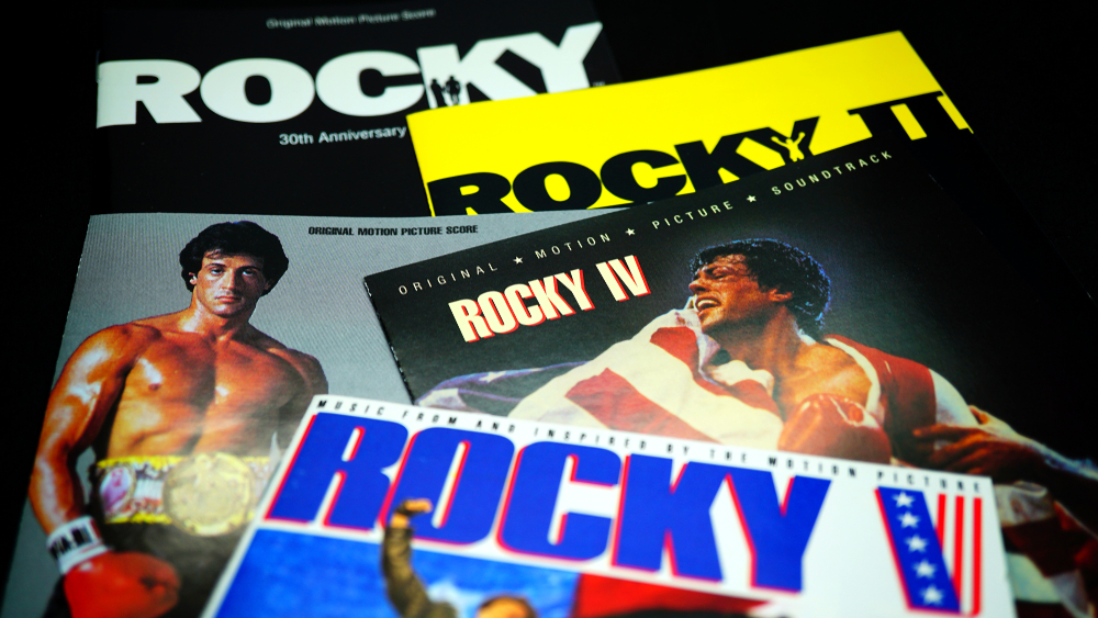 Rome, April 29, 2019: Cd covers of the American sports boxing movie series Rocky. The series has grossed more than $1.7 billion at the worldwide box office