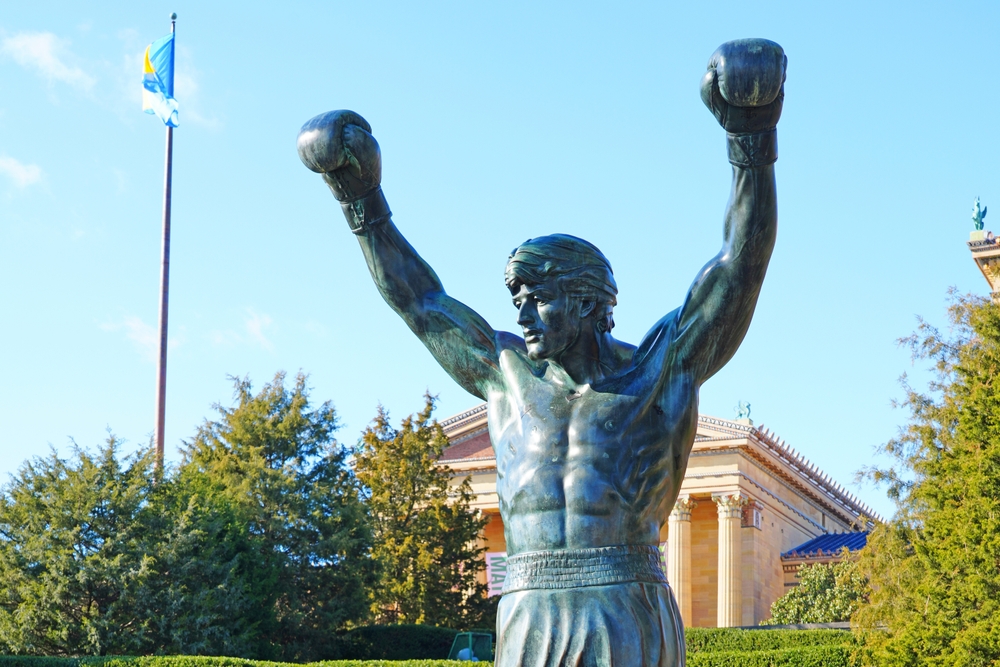 PHILADELPHIA, PA -1 DEC 2022- View of the landmark Rocky Statue after fictional boxer Rocky Balboa on the steps of the Philadelphia Museum of Art in Philly, Pennsylvania.