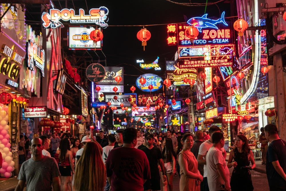 Pattaya, Thailand - January 19, 2020: Walking Street with many go-go bars and night clubs, main tourists attraction